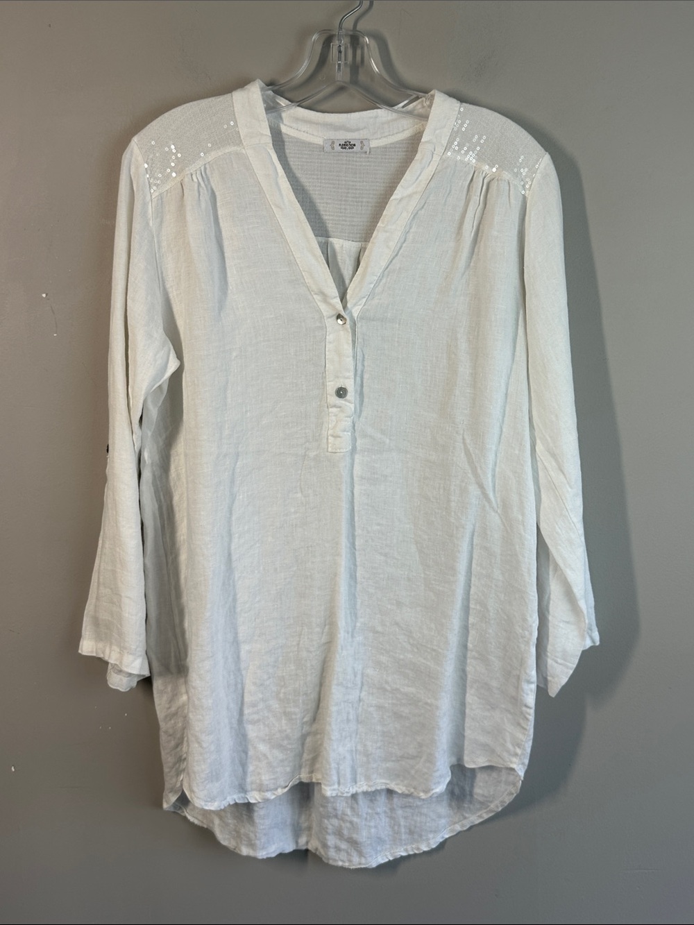 Florencia Womens White 100% Linen Sequin Shoulder Tunic Top Size Small